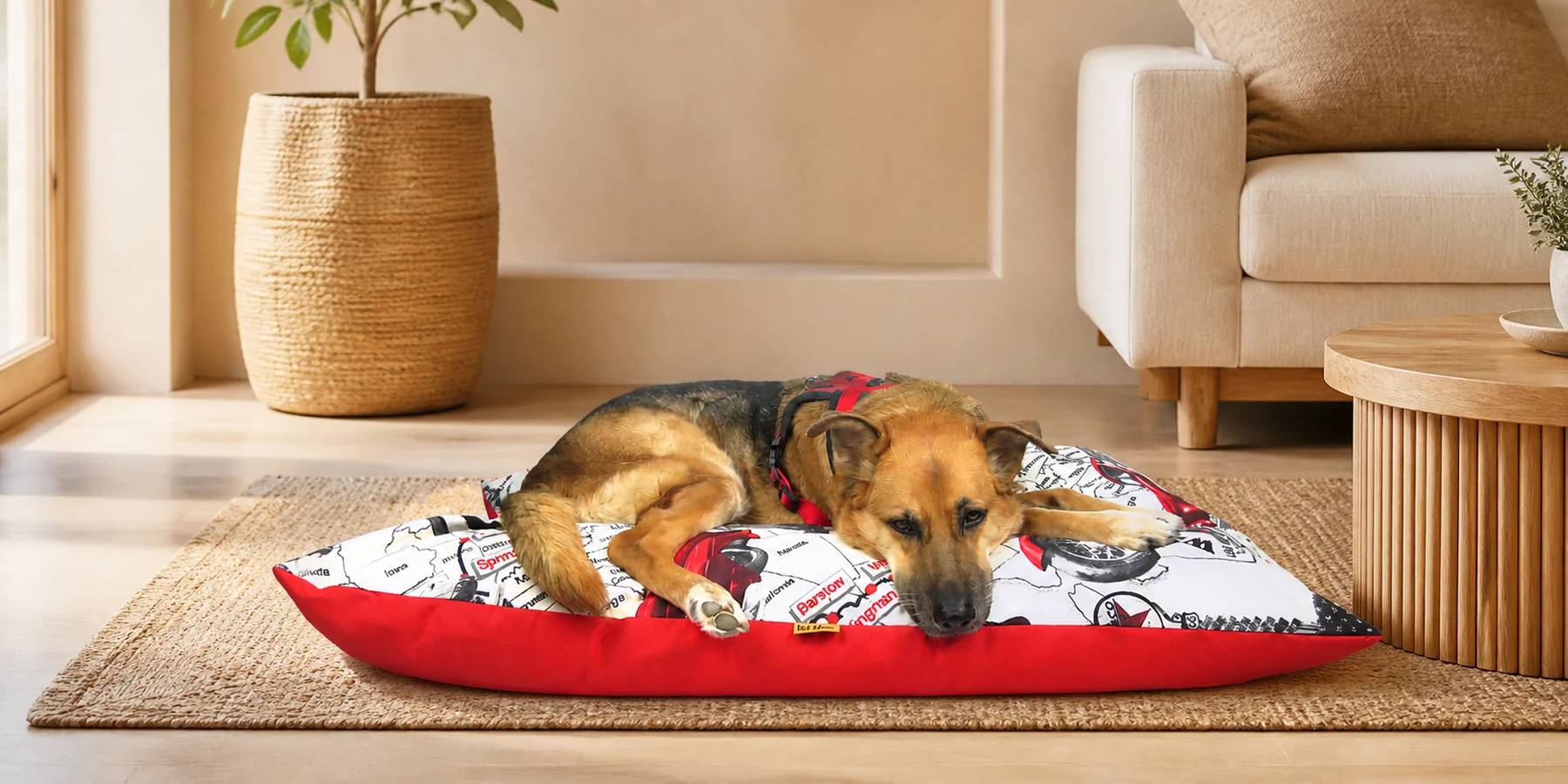 Perro descansando sobre una cama ThePetLover en un salón luminoso