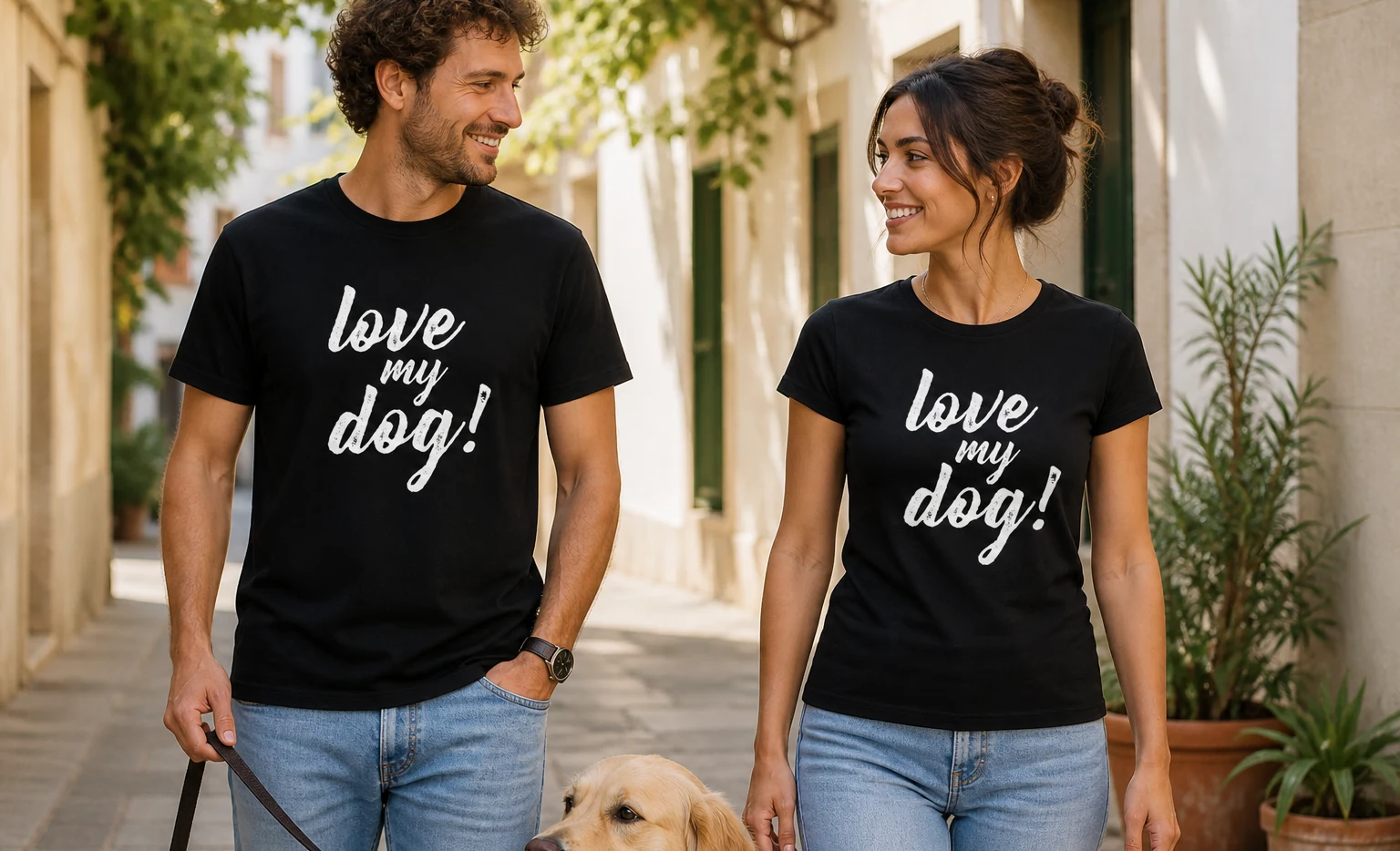 Dos personas pasean con camisetas negras Love My Dog de corte recto y entallado