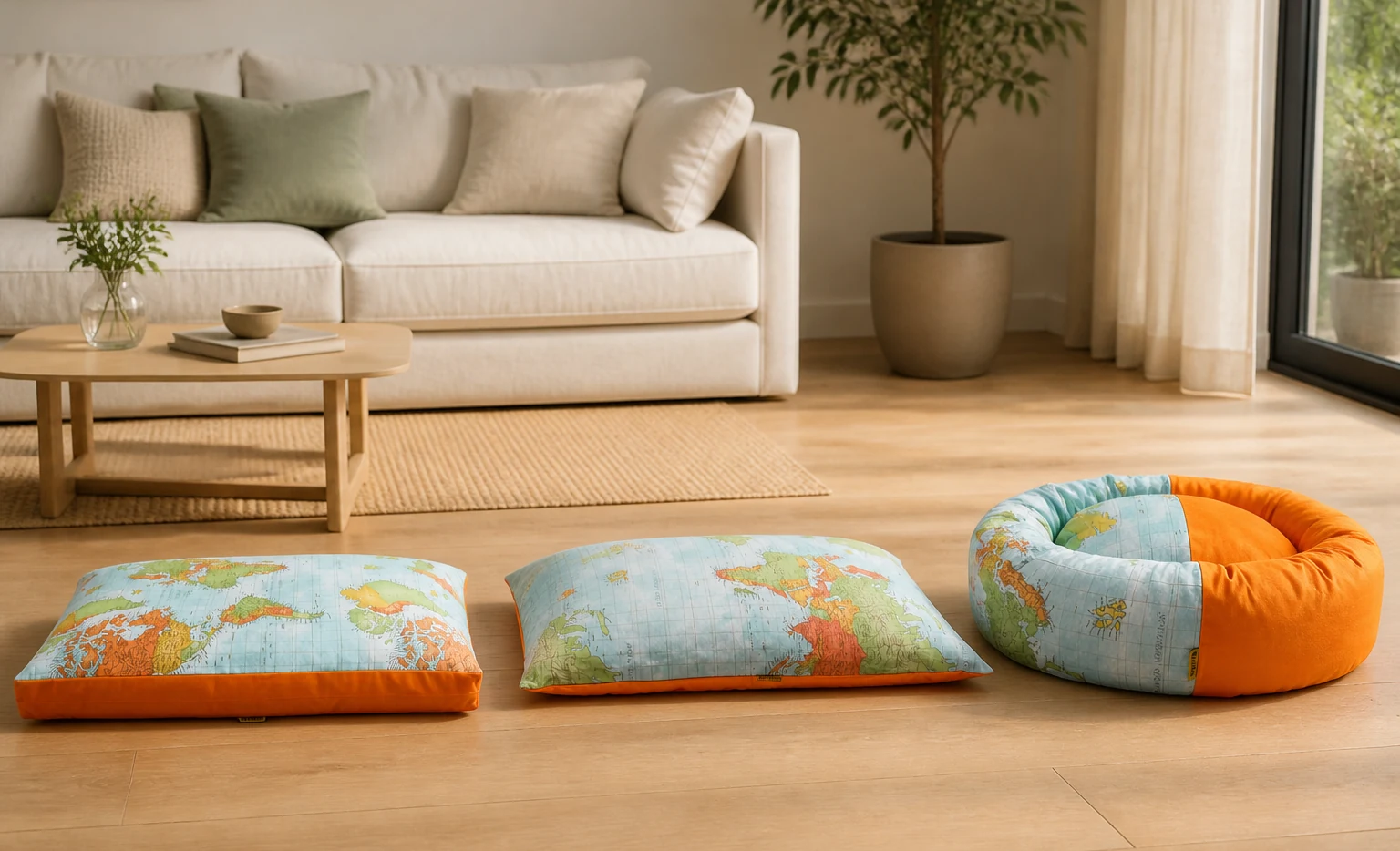 Colchón, colchoneta y cama donut Mapas de ThePetLover en un salón luminoso