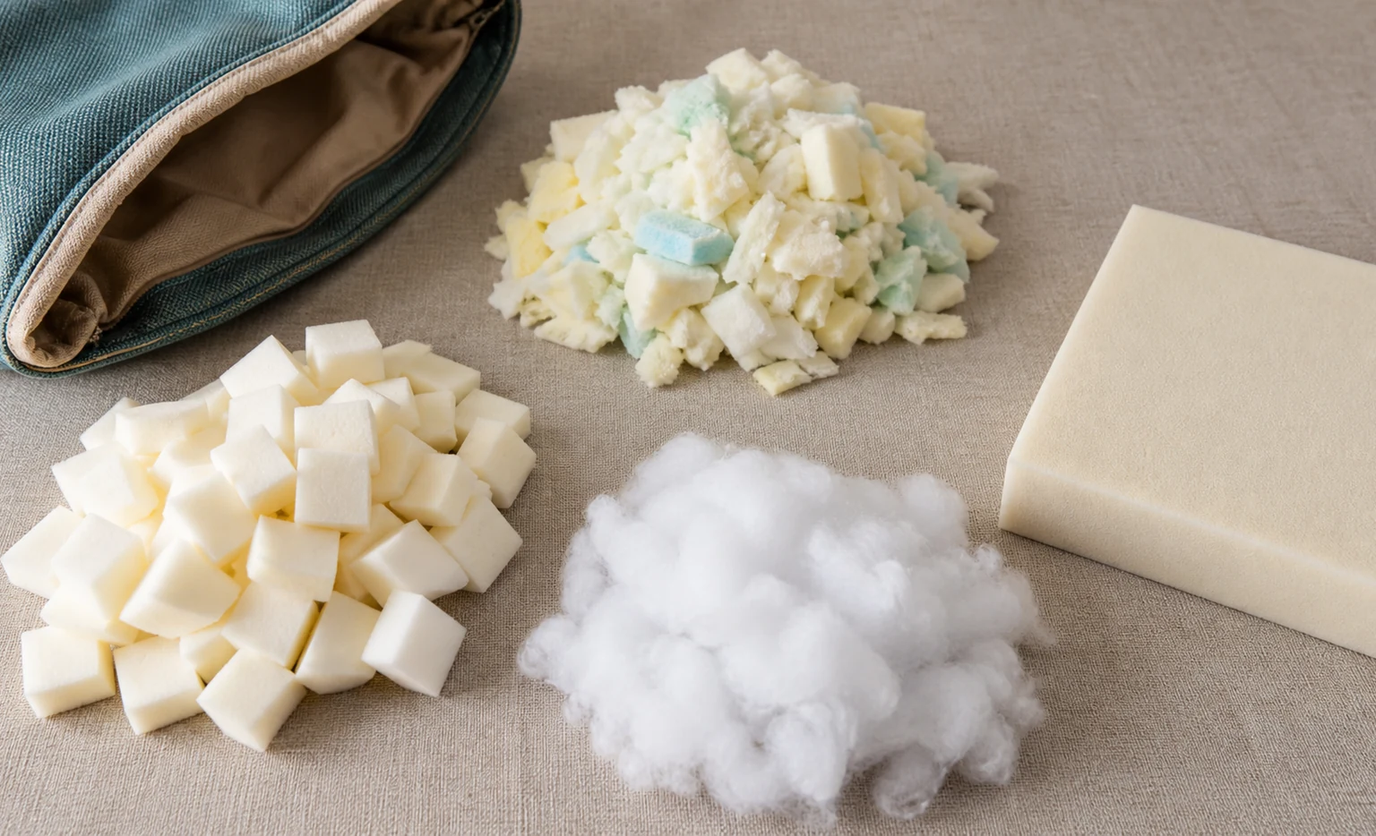 Muestras de copos de espuma, fibra y plancha de espuma junto a una funda abierta