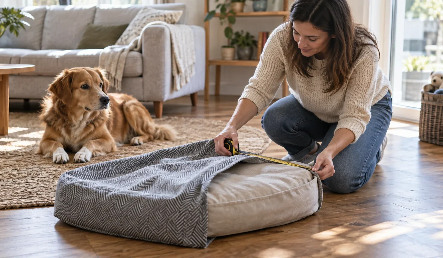 Una persona mide el borde de una funda genérica mientras la coloca sobre el relleno de una cama y el perro espera cerca