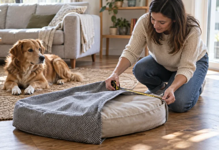 Una persona mide el borde de una funda genérica mientras la coloca sobre el relleno de una cama y el perro espera cerca