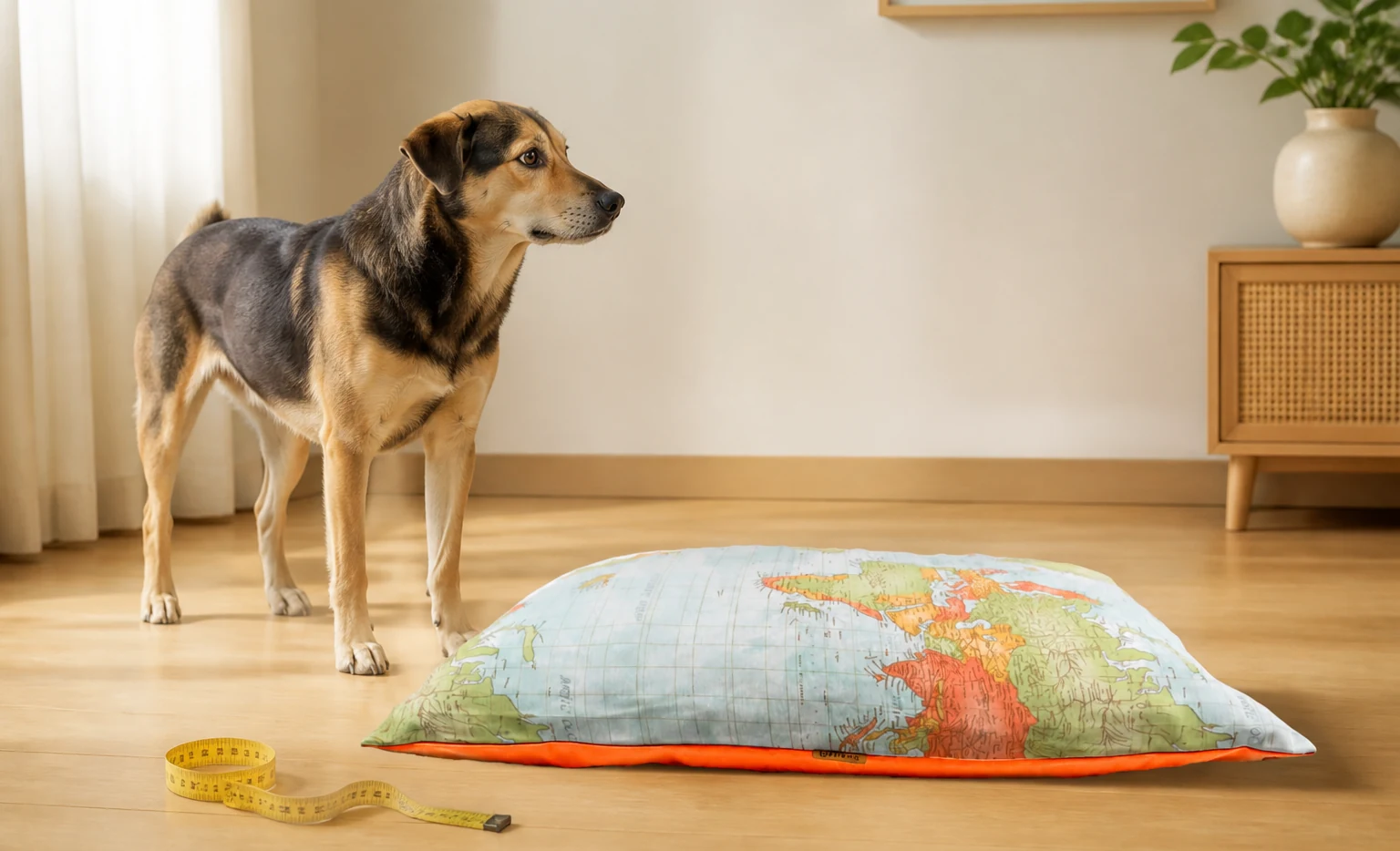 Perro mediano junto a la colchoneta Mapas de ThePetLover y una cinta métrica flexible