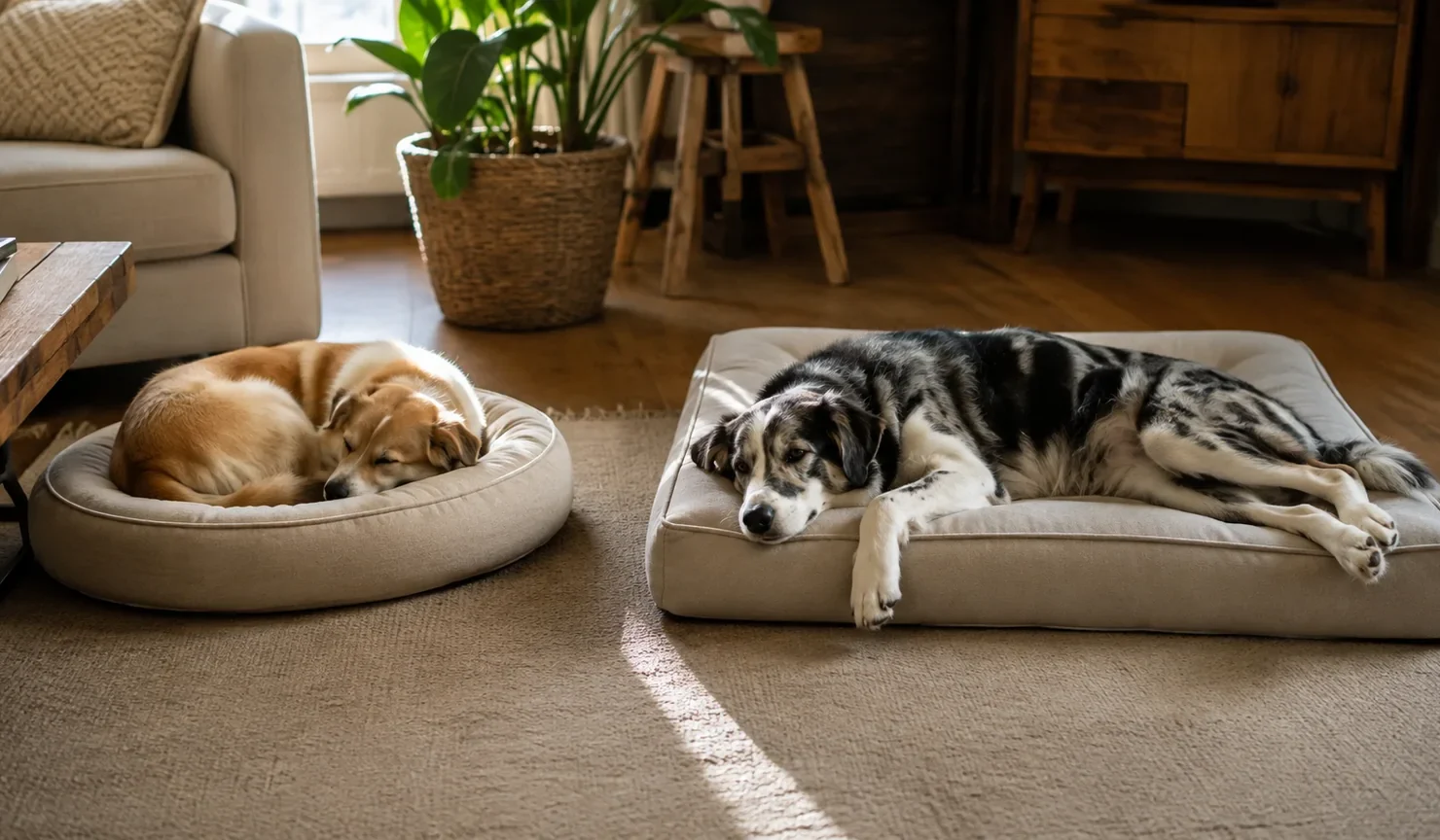 Dos perros de distinto tamaño descansan cerca, cada uno en una cama neutra diferente