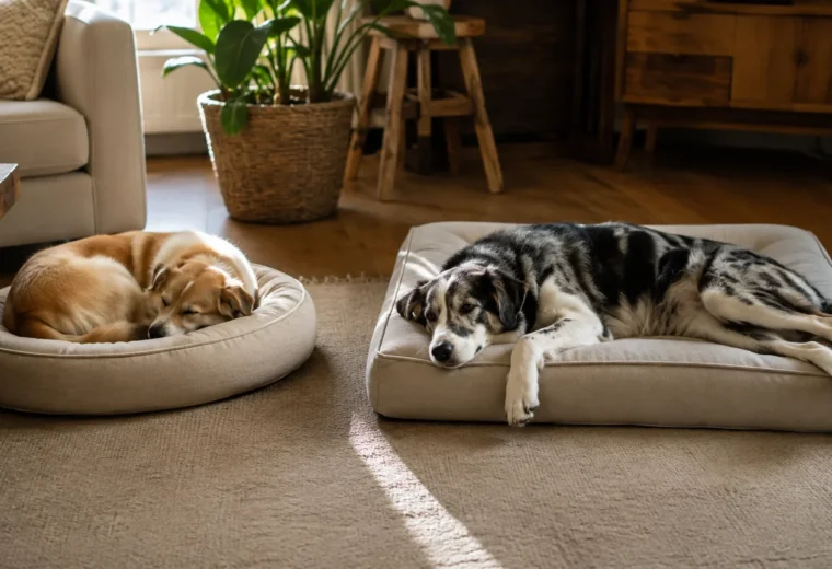 Dos perros de distinto tamaño descansan cerca, cada uno en una cama neutra diferente