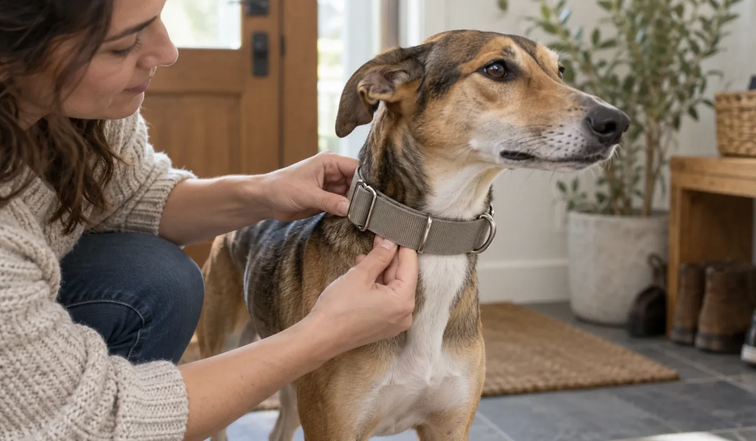 Una persona comprueba con los dedos el ajuste de un collar martingale liso en un perro de cabeza estrecha