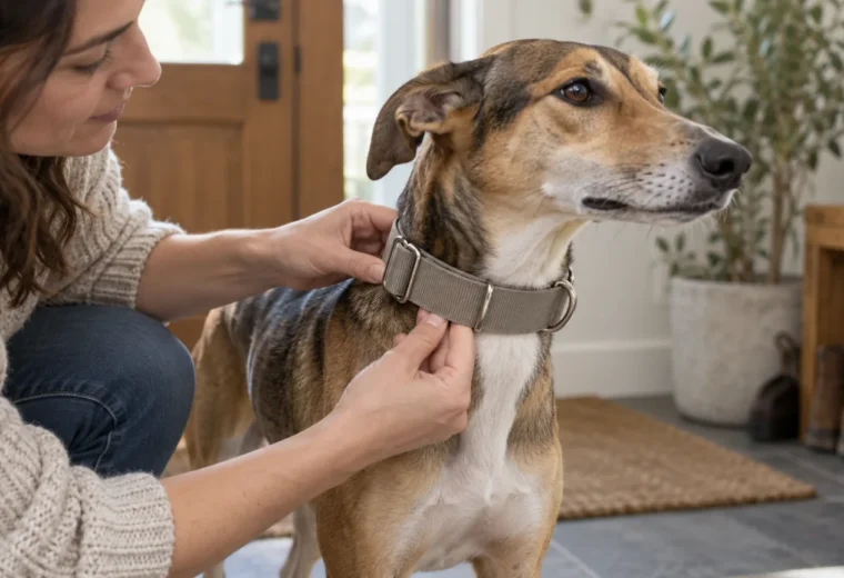 Una persona comprueba con los dedos el ajuste de un collar martingale liso en un perro de cabeza estrecha