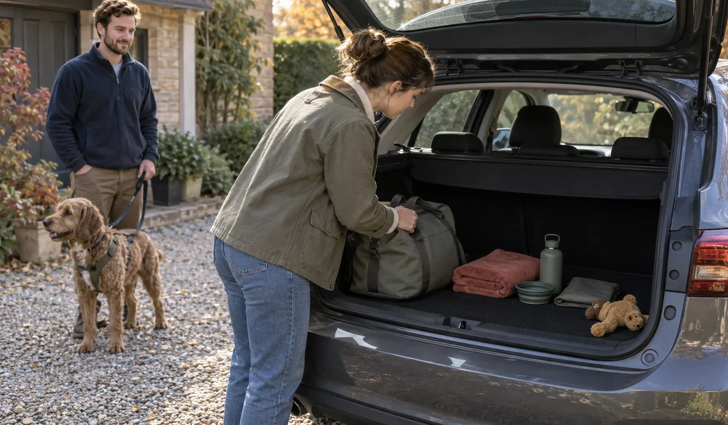 Dos personas preparan junto a un coche agua, comida, una manta y material básico para viajar con un perro