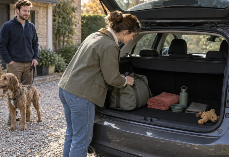 Dos personas preparan junto a un coche agua, comida, una manta y material básico para viajar con un perro